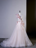 Fairy Ball Gown One Shoulder Pink Tulle Prom Dresses Long Party Dress HZ1022