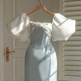 Vintage Sheath Light Sky Blue Satin Prom Dresses Evening Dress HZ1022