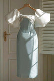 Vintage Sheath Light Sky Blue Satin Prom Dresses Evening Dress HZ1022