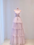 Fairy A line High Neckline Pink Long Tulle Prom Dresses 22th Birthday Outfit HZ1022