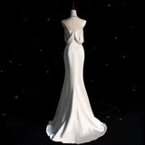 Vintage Mermaid One Shoulder Long White Satin Wedding Dresses HZ1022