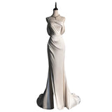Vintage Mermaid One Shoulder Long White Satin Wedding Dresses HZ1022