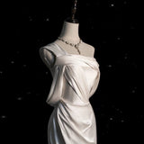 Vintage Mermaid One Shoulder Long White Satin Wedding Dresses HZ1022