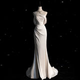 Vintage Mermaid One Shoulder Long White Satin Wedding Dresses HZ1022