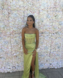 Simple Mermaid Strapless Green Slit Prom Dresses 22th Birthday Outfit HZ1022