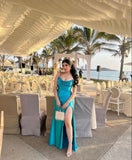 Simple Mermaid Strapless Blue Slit Prom Dresses 22th Birthday Outfit HZ1022
