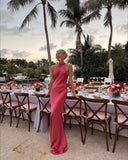 Simple Sheath Pink High Neckline Long Prom Dresses Evening Dress HZ1022