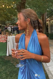 Simple Sheath Blue V Neckline Long Prom Dresses Evening Dress HZ1022