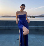 Sexy Sheath Strapless Royal Blue Slit Prom Dresses Evening Dress HZ1022