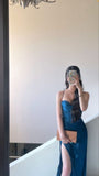 Sexy Sheath Straps Blue Slit Prom Dresses Evening Dress HZ1022