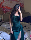 Sexy Mermaid Straps Dark Green Slit Prom Dresses 22th Birthday Outfit HZ1022