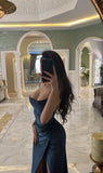 Sexy Mermaid Straps Navy Blue Slit Prom Dresses 22th Birthday Outfit HZ1022