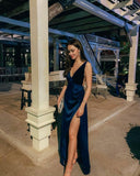 Simple Mermaid Straps Navy Blue Slit Prom Dresses 22th Birthday Outfit HZ1022