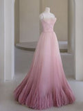 Princess A Line Pink Tulle Prom Dresses Long Evening Dress HZ1022