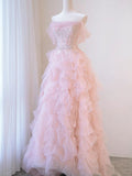 A line Off The Shoulder Tulle Pink Tiered Prom Dresses Evening Dress HZ1022