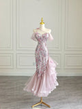 High Low Off The Shoulder Tulle Pink Tiered Prom Dresses Evening Dress HZ1022