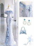 Mermaid Strapless Blue Sequin Prom Dresses Evening Dress HZ1022