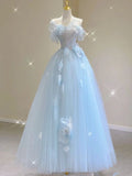 Fairy A line Blue Floral Prom Dresses Evening Dress HZ1022