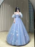 Fairy Ball Gown Blue Floral Tulle Prom Dresses Evening Dress HZ1022