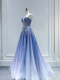 Fairy Ball Gown Ombre Blue Tulle Prom Dresses Evening Dress HZ1022