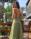 Sexy A Line Straps Sage Green Tulle Prom Dresses 21th Birthday Outfit HZ1022