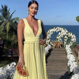 Sexy A Line Chiffon Yellow Prom Dresses 21th Birthday Outfit HZ1022