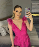 Sexy A line Long Hot Pink Lace Prom Dress Party Dress 22th Birthday Outfits HZ1022