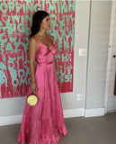 Elegant A line Long Silk Satin Pink Prom Dress 22th Birthday Outfits HZ1022