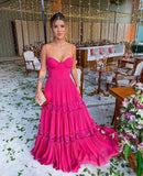 Elegant A line Long Tiered Hot Pink Lace Prom Dress 22th Birthday Outfits HZ1022