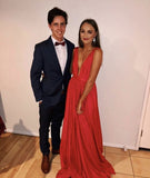 Elegant A line V Neckline Long Red Prom Dress 22th Birthday Outfits HZ1022