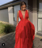 Elegant A line V Neckline Long Red Prom Dress 22th Birthday Outfits HZ1022