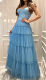 Elegant A line Long Tulle Blue Prom Dress 22th Birthday Outfits HZ1022