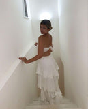 Elegant 2 Pieces Strapless Long White Tiered Prom Dress 21th Birthday Outfits HZ1022