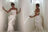 Elegant 2 Pieces Strapless Long White Tiered Prom Dress 21th Birthday Outfits HZ1022