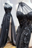 One Shoulder Black Lace Floral Long Prom Dresses with High Slit 21th Birthday Outfits HZ1022