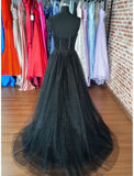 Sexy A line Long Black Tulle Slit Prom Dress 21th Birthday Outfits HZ1022
