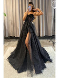 Sexy A line Long Black Tulle Slit Prom Dress 21th Birthday Outfits HZ1022
