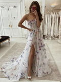 Strapless Purple Floral Long Prom Dresses with Slit 21th Birthday Outfits HZ1022