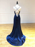 Backless Dark Navy Blue Long Prom Dresses Evening Dresses HZ1022