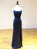 Backless Dark Navy Blue Long Prom Dresses Evening Dresses HZ1022