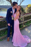 Elegant Mermaid Sequin Pink Long Prom Dresses Formal Dress HZ1022