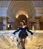 Sexy A line Off The Shoulder Long Sleeves Black Short Homecoming Dress HZ1022