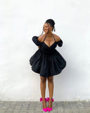 Sexy A line Off The Shoulder Short Sleeves Black Short Homecoming Dress HZ1022