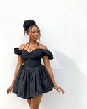 Sexy A line Off The Shoulder Short Sleeves Black Short Homecoming Dress HZ1022