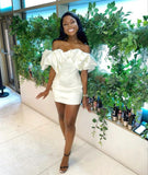 Sexy Sheath Off The Shoulder White Short Satin Homecoming Dress HZ1022