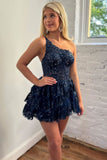 Cute A line One Shoulder Sequin Short Lace Homecoming Dress HZ1022
