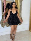 Cute A line Halter Sequin Short Black Homecoming Dress HZ1022
