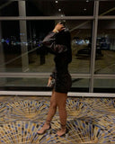 Cute Sheath Long Sleeves Sequin Short Black Homecoming Dress HZ1022