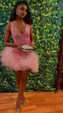 Cute V Neck Pink Short Homecoming Dress Tulle Ruffles Pink Birthday Outfit Dress HZ1022