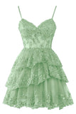 Simple A line Light Blue Sequin Lace Corset Bodice Tiered Homecoming Dress HZ1022